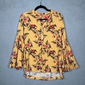 Free People Top Womens S Mustard Floral‎ Easy Girl Bell Sleeve Oversized Boho
